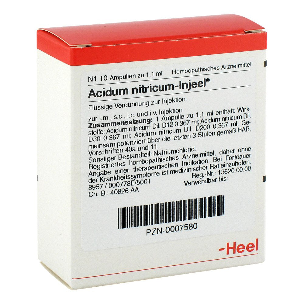 Das Produktfoto zeigt Acidum Nitricum Injeel Ampullen (10 stk) PZN 00007580
