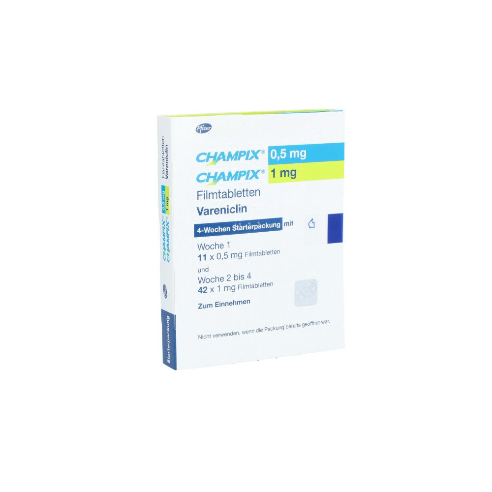 Das Produktfoto zeigt Champix 0,5 Mg/1 Mg Filmtabl.Starterpack.4 Wochen (53 stk) PZN 00017319