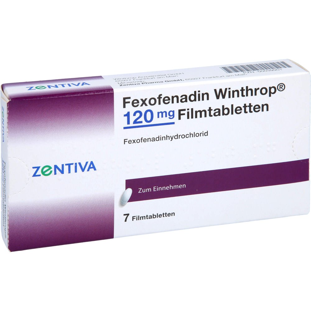 Das Produktfoto zeigt Fexofenadin Winthrop 120 Mg Filmtabletten (7 stk) PZN 00039901