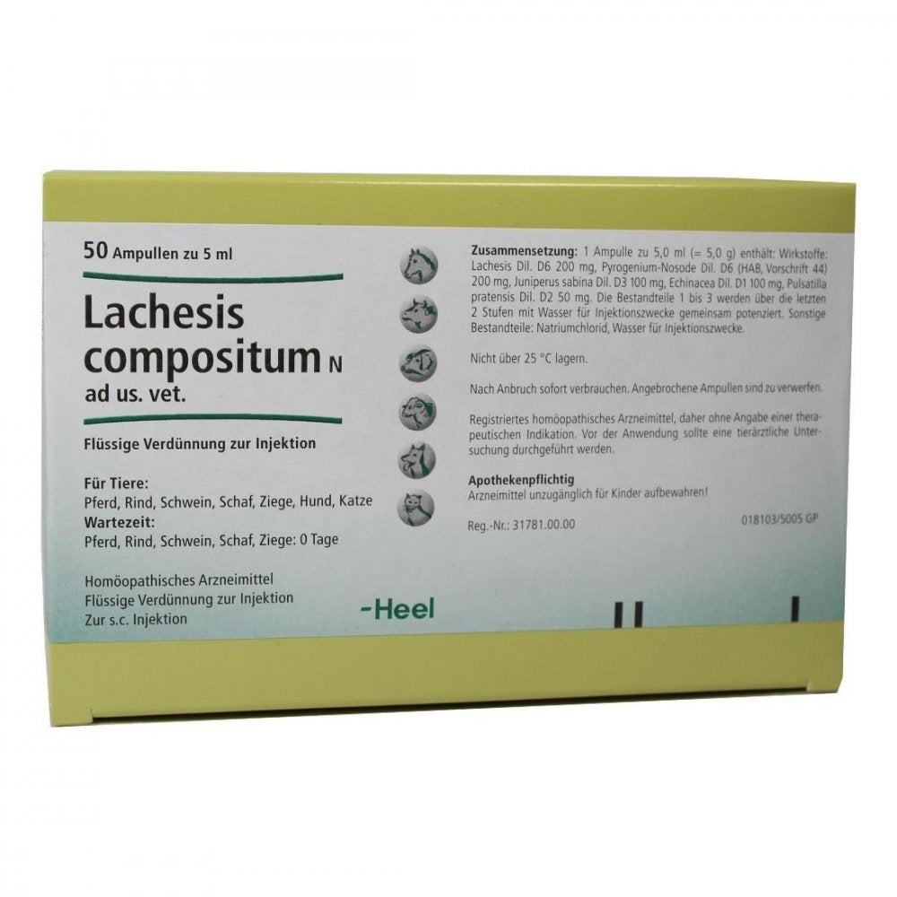 Das Produktfoto zeigt Lachesis Compositum N Ad Us.Vet.Ampullen (50 stk) PZN 00052830