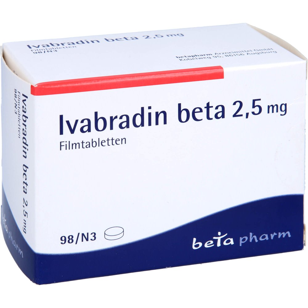 Das Produktfoto zeigt Ivabradin Beta 2,5 Mg Filmtabletten (98 stk) PZN 00090049