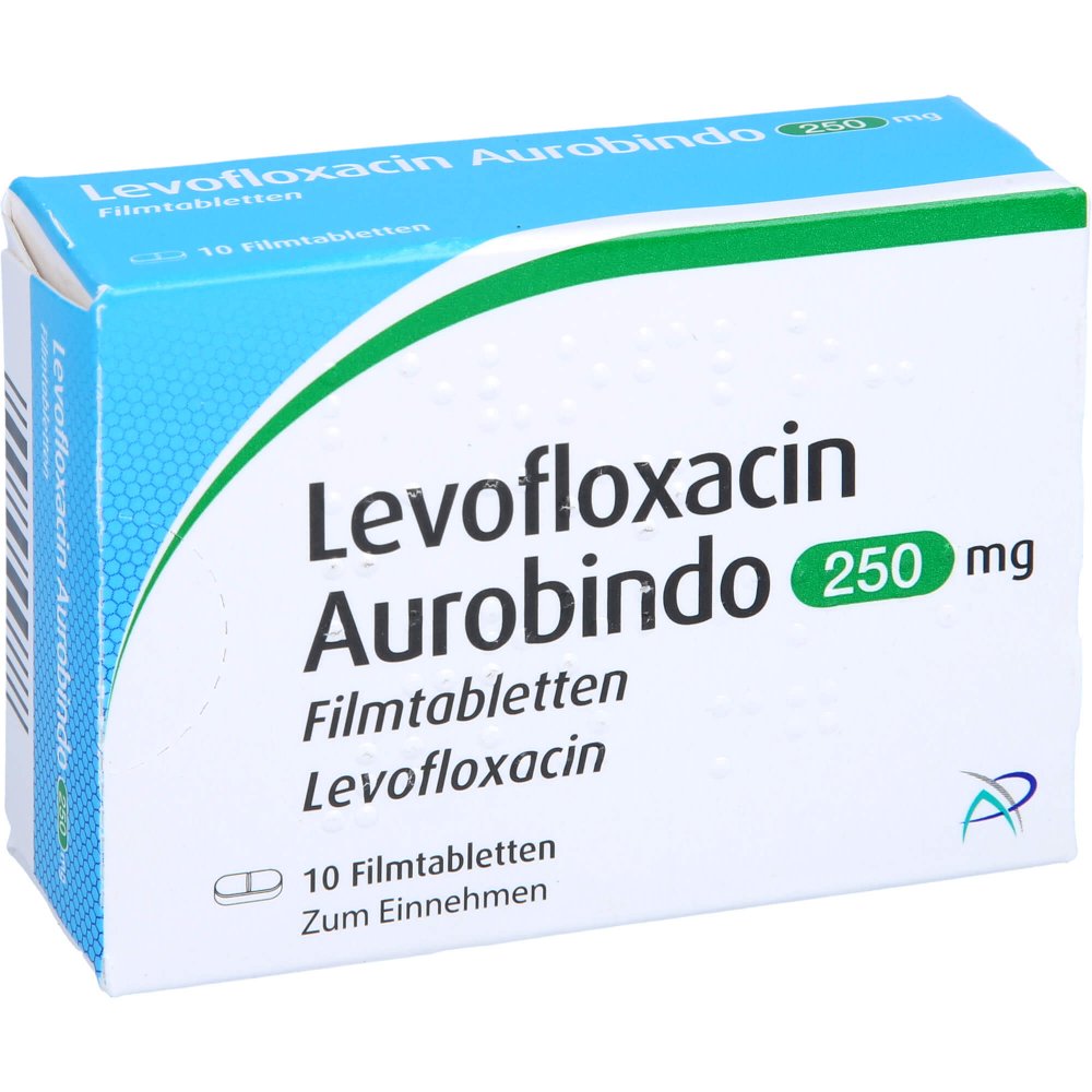 Das Produktfoto zeigt Levofloxacin Aurobindo 250 Mg Filmtabletten (10 stk) PZN 00116719