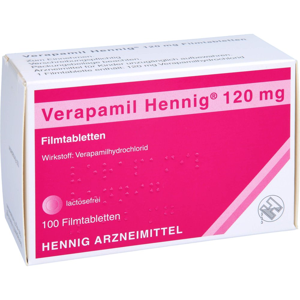 Das Produktfoto zeigt Verapamil Hennig 120 Mg Filmtabletten (100 stk) PZN 00121956