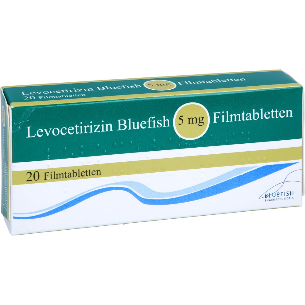 Das Produktfoto zeigt Levocetirizin Bluefish 5 Mg Filmtabletten (20 stk) PZN 00139459