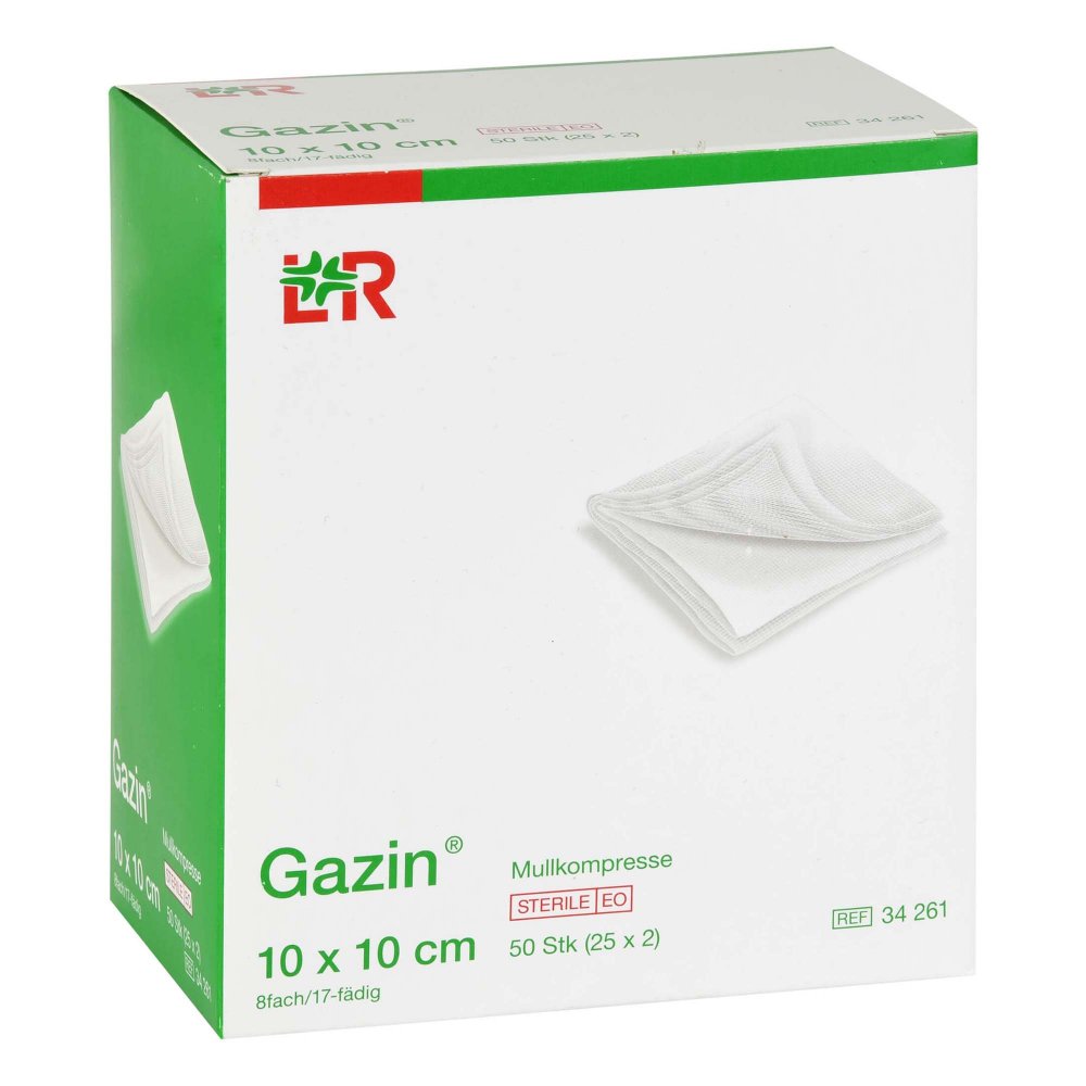 Das Produktfoto zeigt Gazin Mullkomp.10x10 Cm Steril 8fach (25X2 stk) PZN 00150722