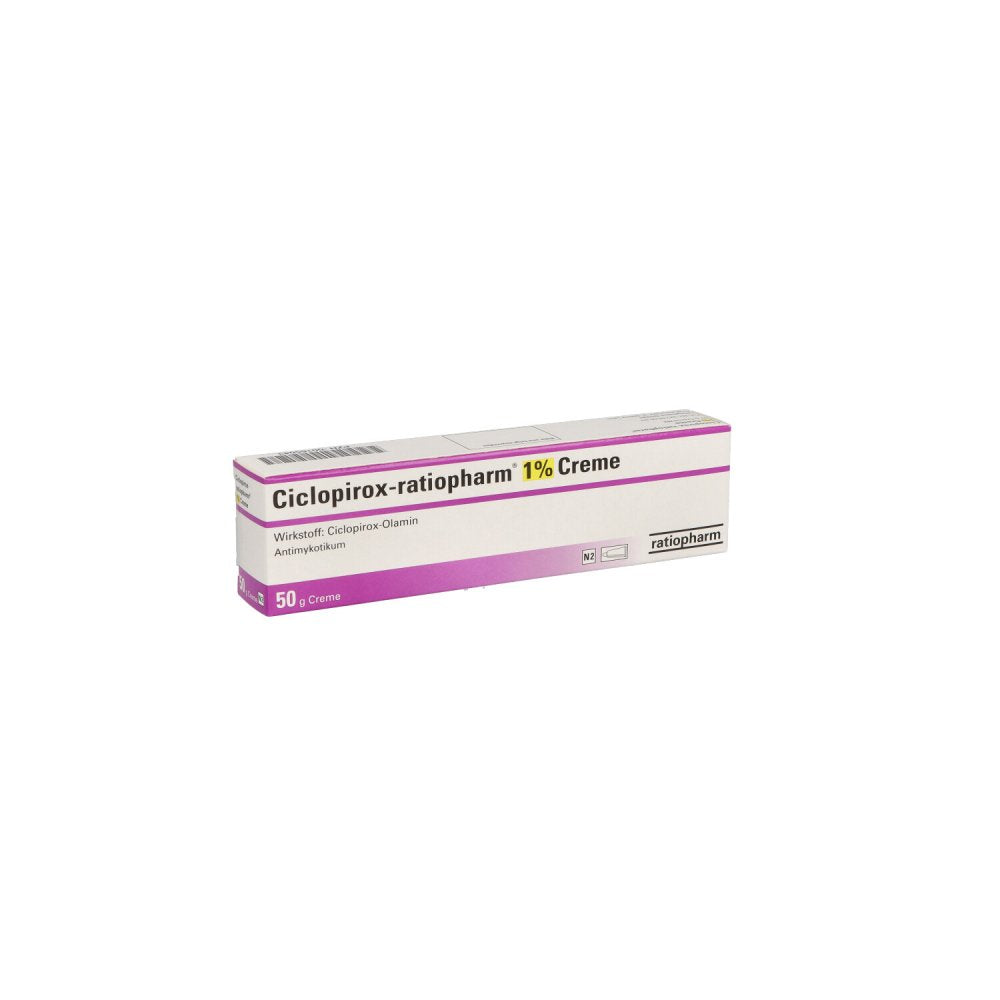 Das Produktfoto zeigt Ciclopirox-Ratiopharm 1% Creme (50 g) PZN 00165043