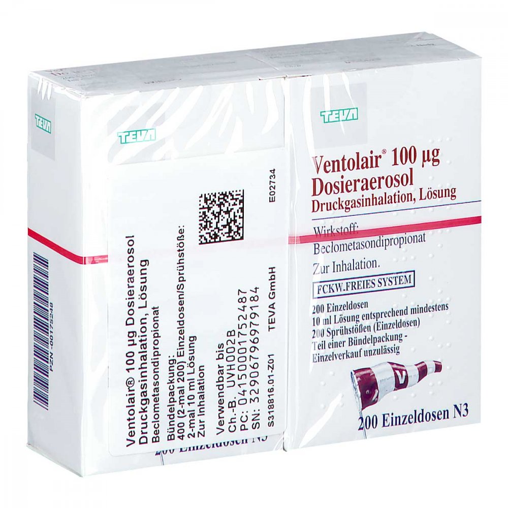 Das Produktfoto zeigt Ventolair 100 Μg 200 Hub Dosieraerosol (2 stk) PZN 00175248