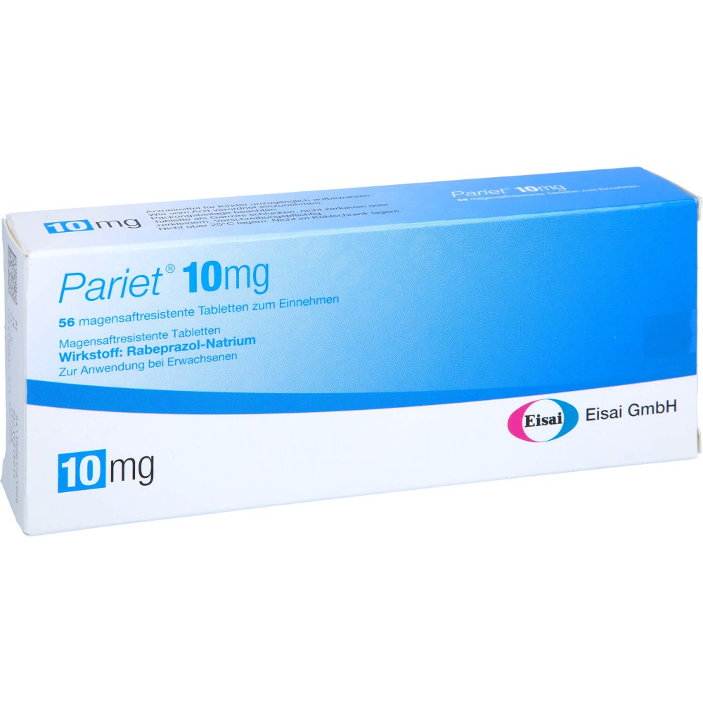 Das Produktfoto zeigt Pariet Eisai 10 Mg Magensaftresistente Tabletten (56 stk) PZN 00176590