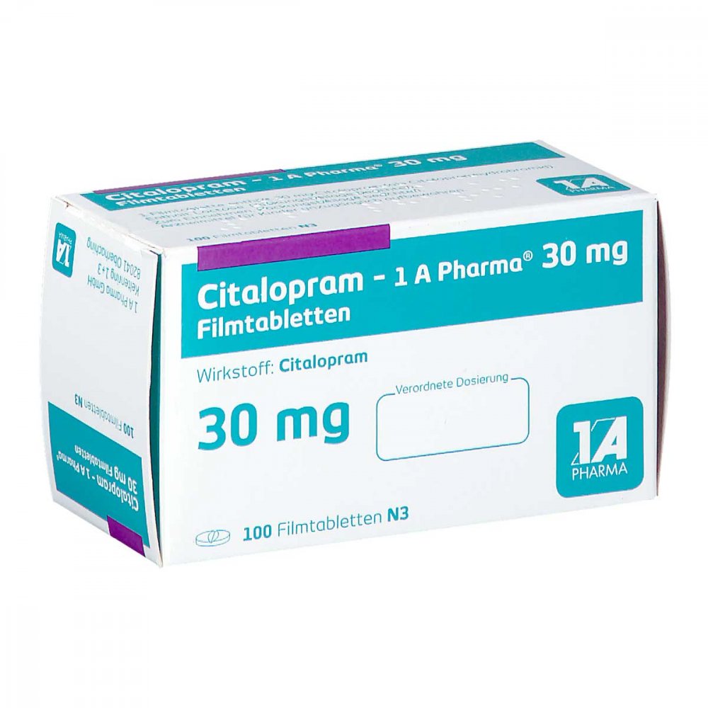 Das Produktfoto zeigt Citalopram-1a Pharma 30 Mg Filmtabletten (100 stk) PZN 00177000
