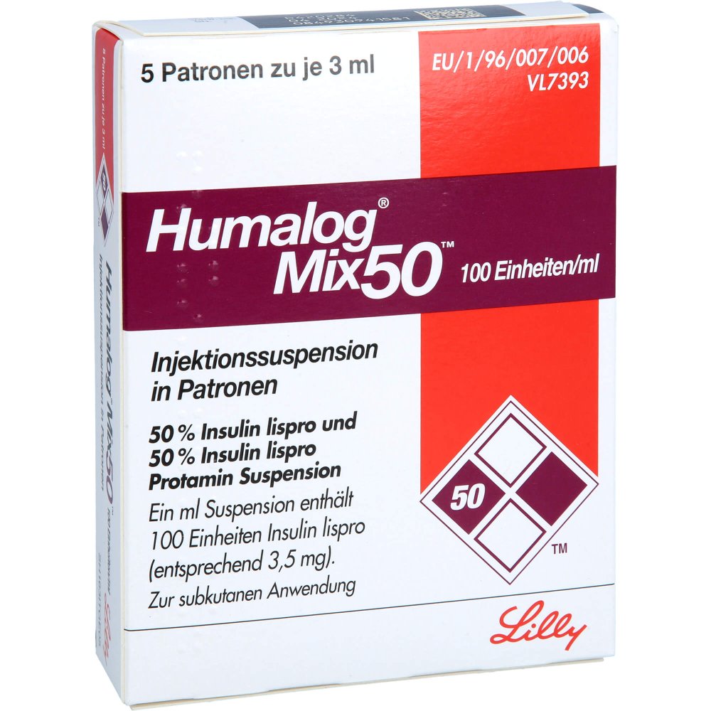 Das Produktfoto zeigt Humalog Mix 50 100 E/Ml Patrone Injektionssusp. (5X3 ml) PZN 00182159