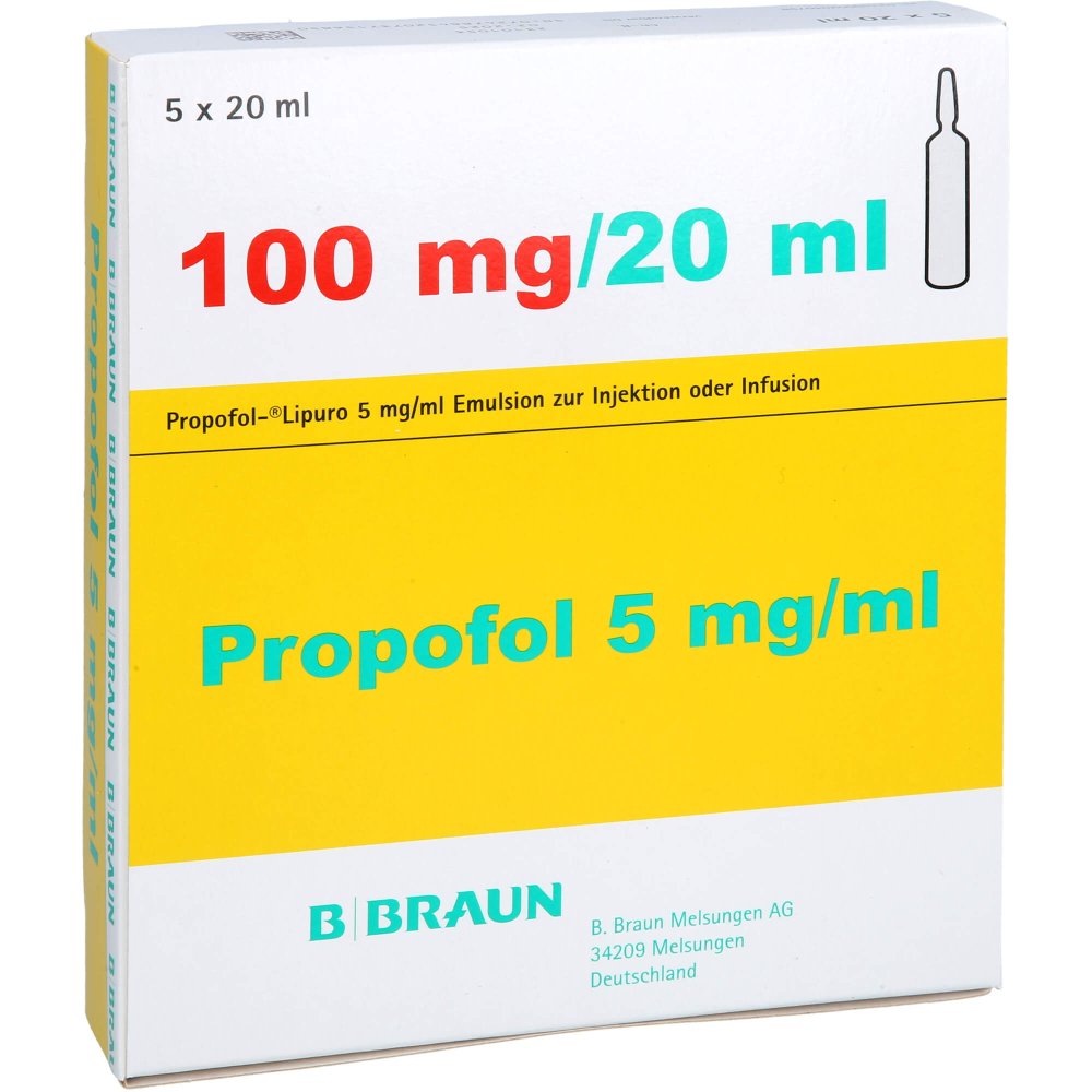Das Produktfoto zeigt Propofol Lipuro 5mg/Ml Emuls.Z.Inj.O.Inf.Glasamp. (5X20 ml) PZN 00204079