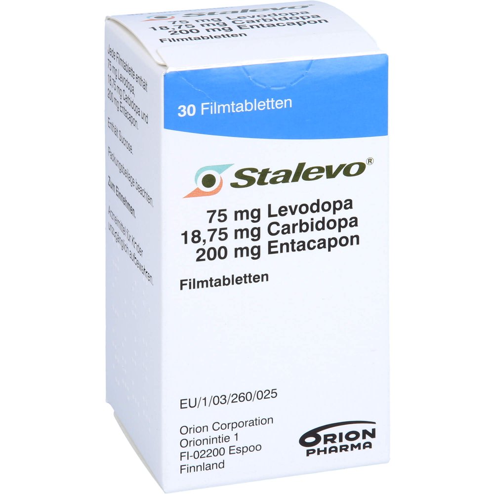 Das Produktfoto zeigt Stalevo 75 Mg/18,75 Mg/200 Mg Filmtabletten (30 stk) PZN 00206380