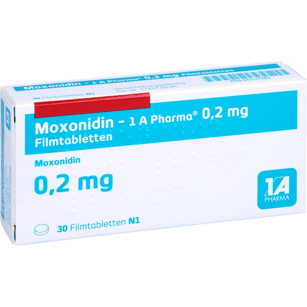 Das Produktfoto zeigt Moxonidin-1a Pharma 0,2 Mg Filmtabletten (30 stk) PZN 00227749