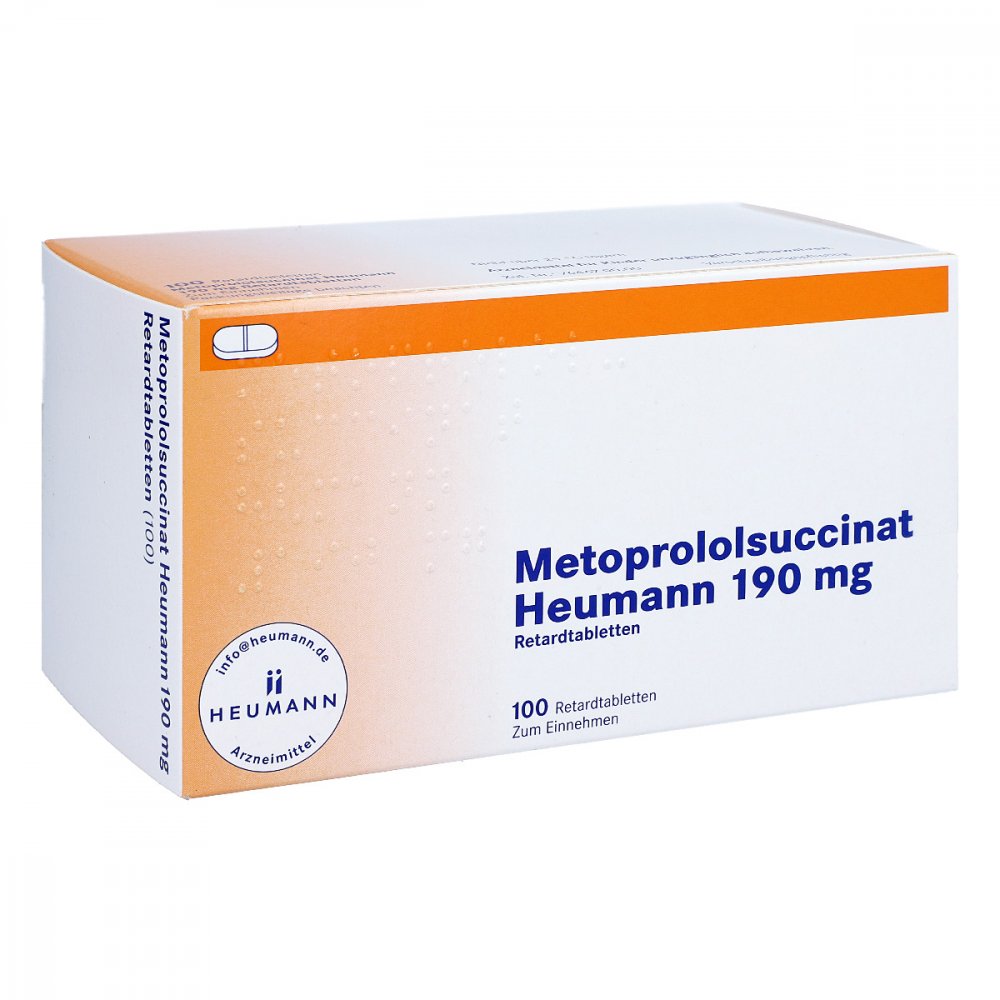 Das Produktfoto zeigt Metoprololsuccinat Heumann 190mg Retardtabletten (100 stk) PZN 00230220