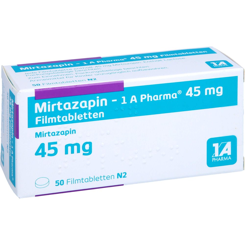 Das Produktfoto zeigt Mirtazapin-1a Pharma 45 Mg Filmtabletten (50 stk) PZN 00250702