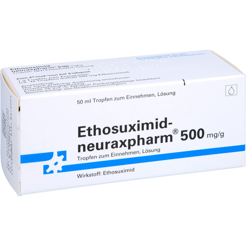 Das Produktfoto zeigt Ethosuximid-Neuraxpharm 500 Mg/G Tropf.Z.Einnehmen (50 ml) PZN 00251216