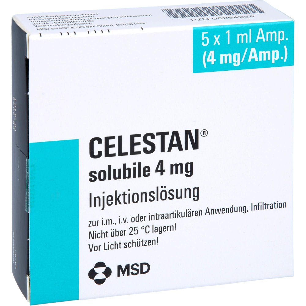 Das Produktfoto zeigt Celestan Solubile 4 Mg Injektionslösung (5 stk) PZN 00264288