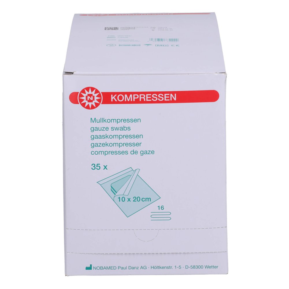 Das Produktfoto zeigt Mullkompressen 10x20 Cm Steril 16fach (35X2 stk) PZN 00273637
