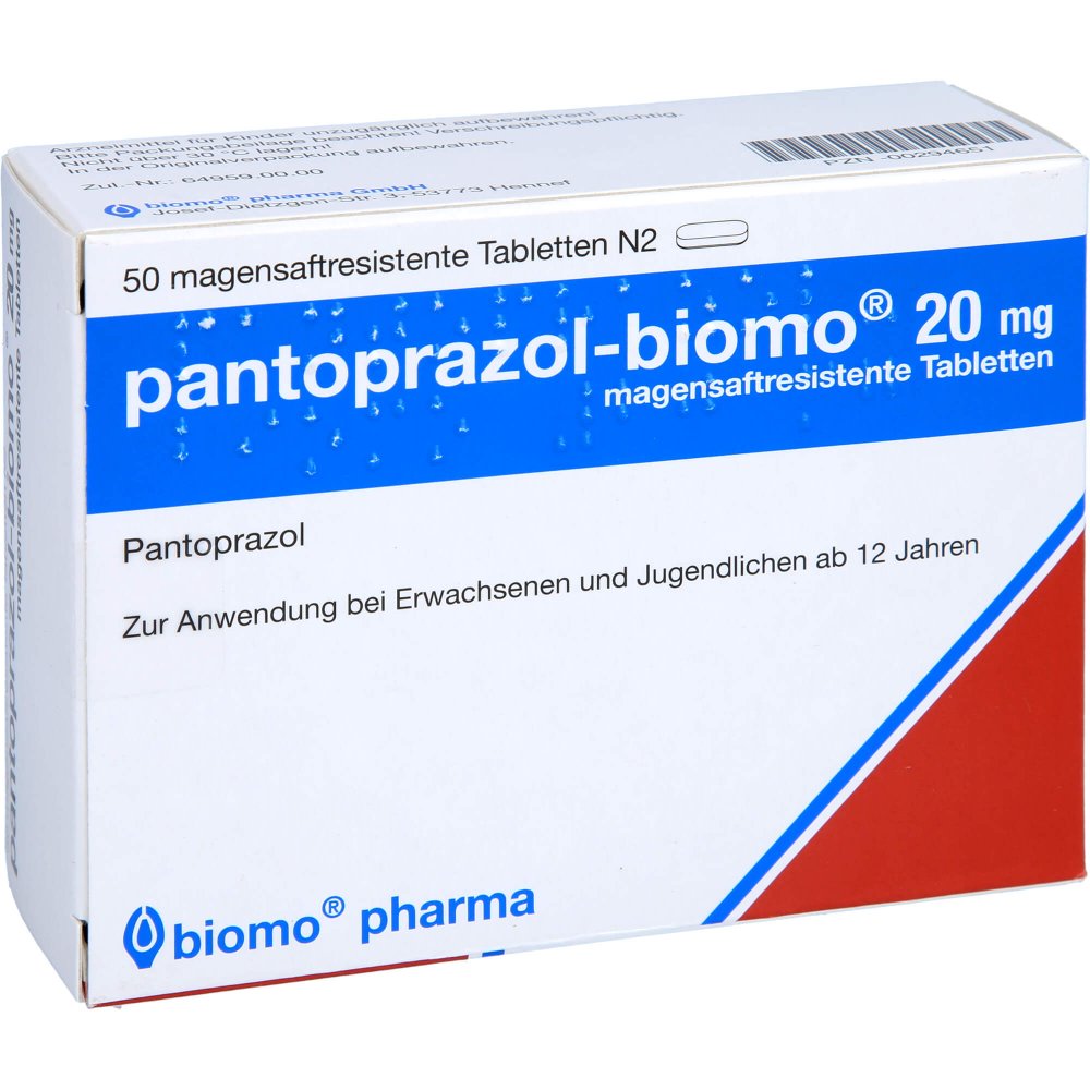 Das Produktfoto zeigt Pantoprazol-Biomo 20 Mg Magensaftres.Tabletten (50 stk) PZN 00294651