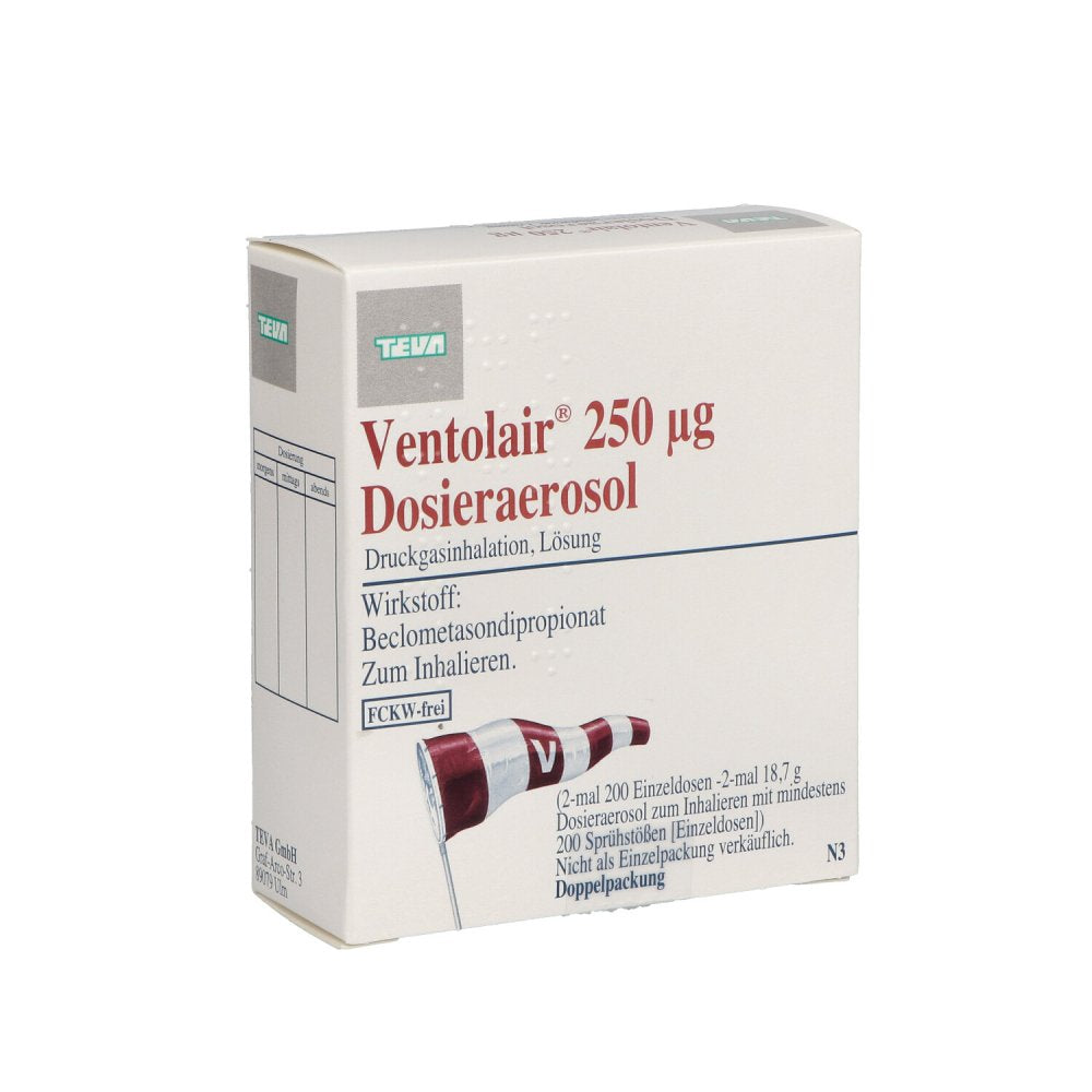 Das Produktfoto zeigt Ventolair 250 Μg 200 Hub Dosieraerosol (2 stk) PZN 00345644