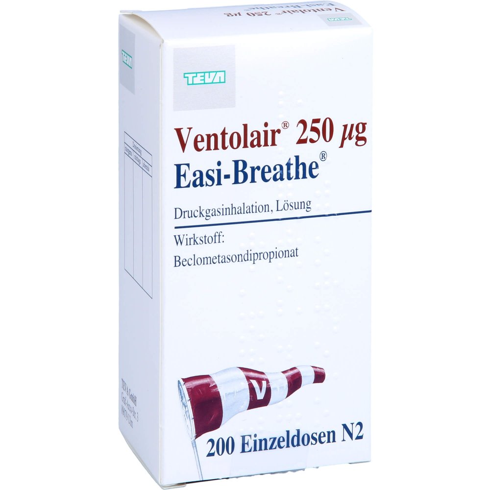 Das Produktfoto zeigt Ventolair 250 Μg 200 Hub Easi Breathe Dos.-Aerosol (1 stk) PZN 00353626