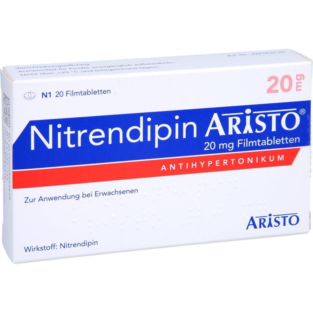 Das Produktfoto zeigt Nitrendipin Aristo 20 Mg Filmtabletten (20 stk) PZN 00366965
