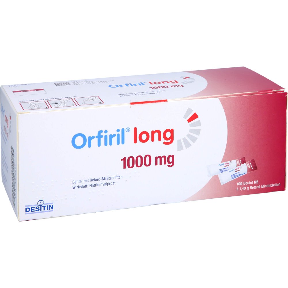 Das Produktfoto zeigt Orfiril Long 1000 Mg Retard-Minitabletten I.Beutel (100 stk) PZN 00393637