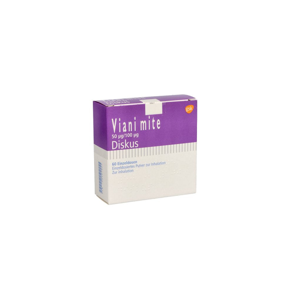 Das Produktfoto zeigt Viani Mite 50 Μg/100 Μg Diskus Einzeldos.Inh.-Plv. (60 stk) PZN 00427827