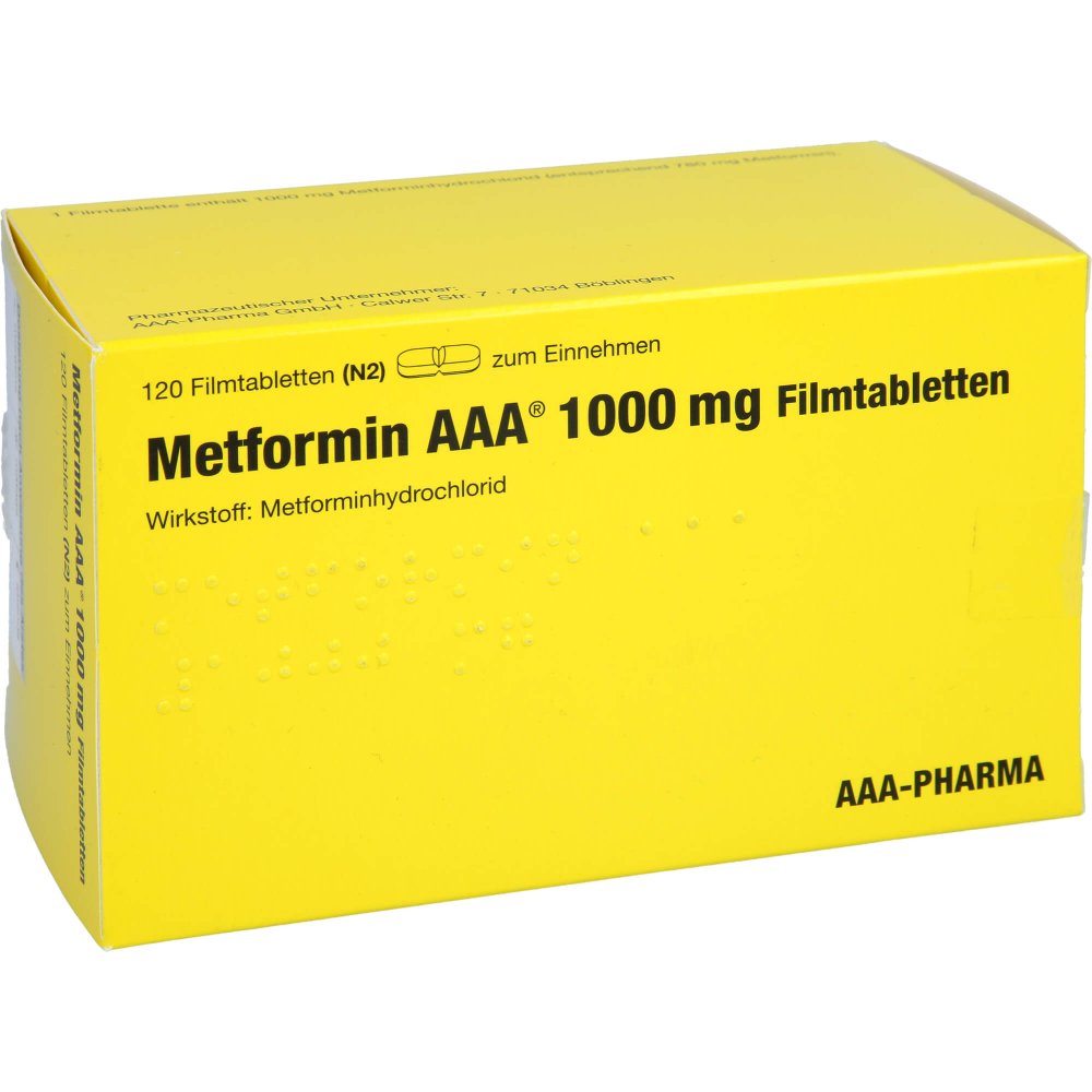 Das Produktfoto zeigt Metformin 1.000 Mg Aaa-Pharma Filmtabletten (120 stk) PZN 00459052