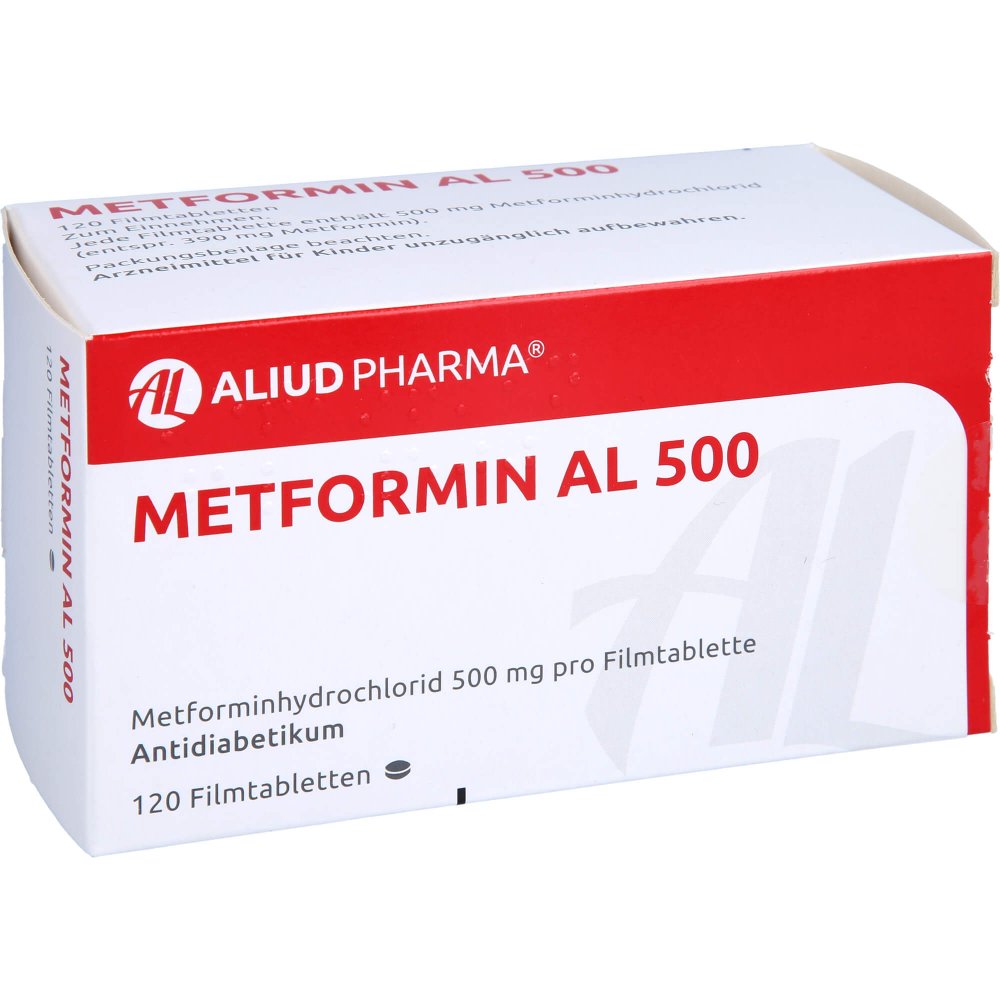 Das Produktfoto zeigt Metformin Al 500 Mg Filmtabletten (120 stk) PZN 00461586