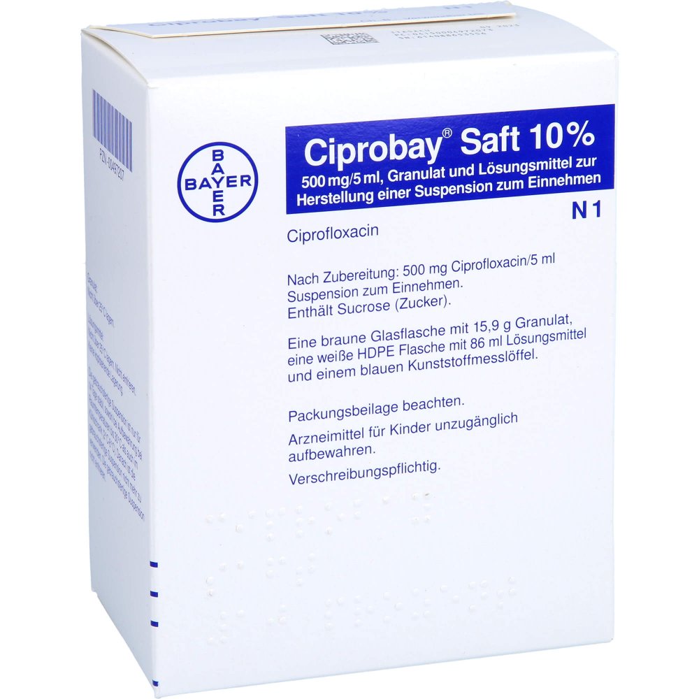 Das Produktfoto zeigt Ciprobay Saft 10% (100 ml) PZN 00497207