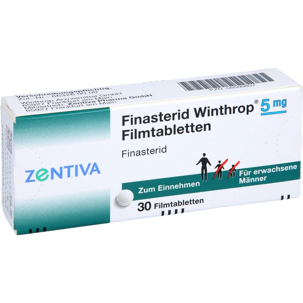 Das Produktfoto zeigt Finasterid Winthrop 5 Mg Filmtabletten (30 stk) PZN 00500837
