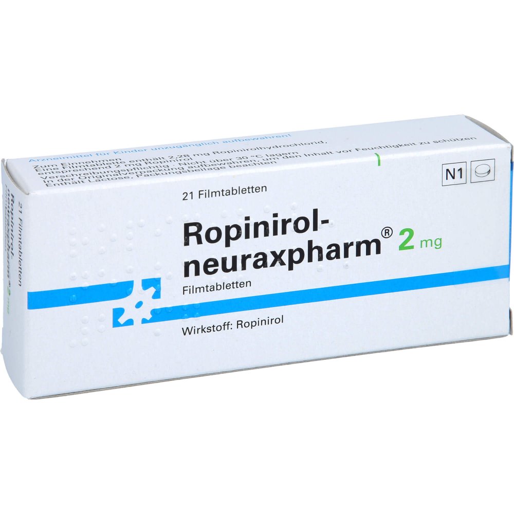 Das Produktfoto zeigt Ropinirol-Neuraxpharm 2 Mg Filmtabletten (21 stk) PZN 00513716
