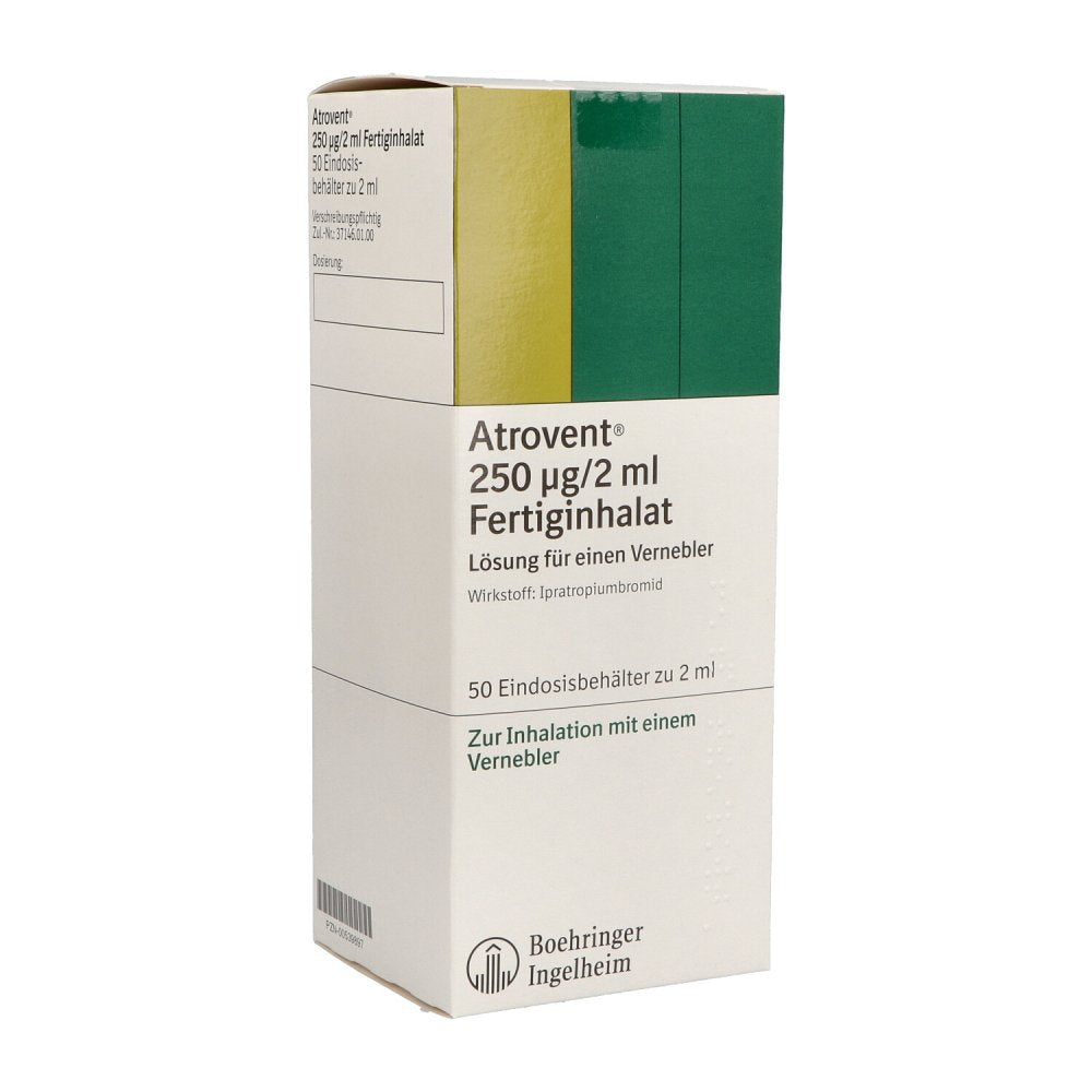 Das Produktfoto zeigt Atrovent 250 Μg/2 Ml Fert.Inhal.Eindosisbehält. (50X2 ml) PZN 00539897