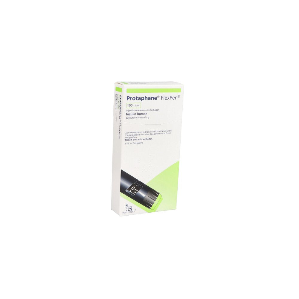 Das Produktfoto zeigt Protaphane Flexpen 100 I.E./Ml Inj.-S. Fertigpen (5X3 ml) PZN 00546555