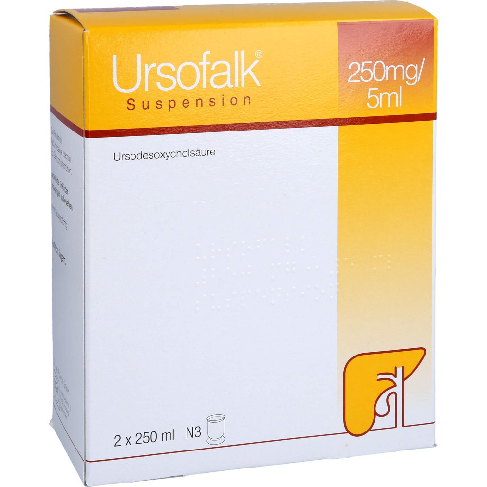 Das Produktfoto zeigt Ursofalk 250 Mg/5 Ml Suspension (500 ml) PZN 00558788