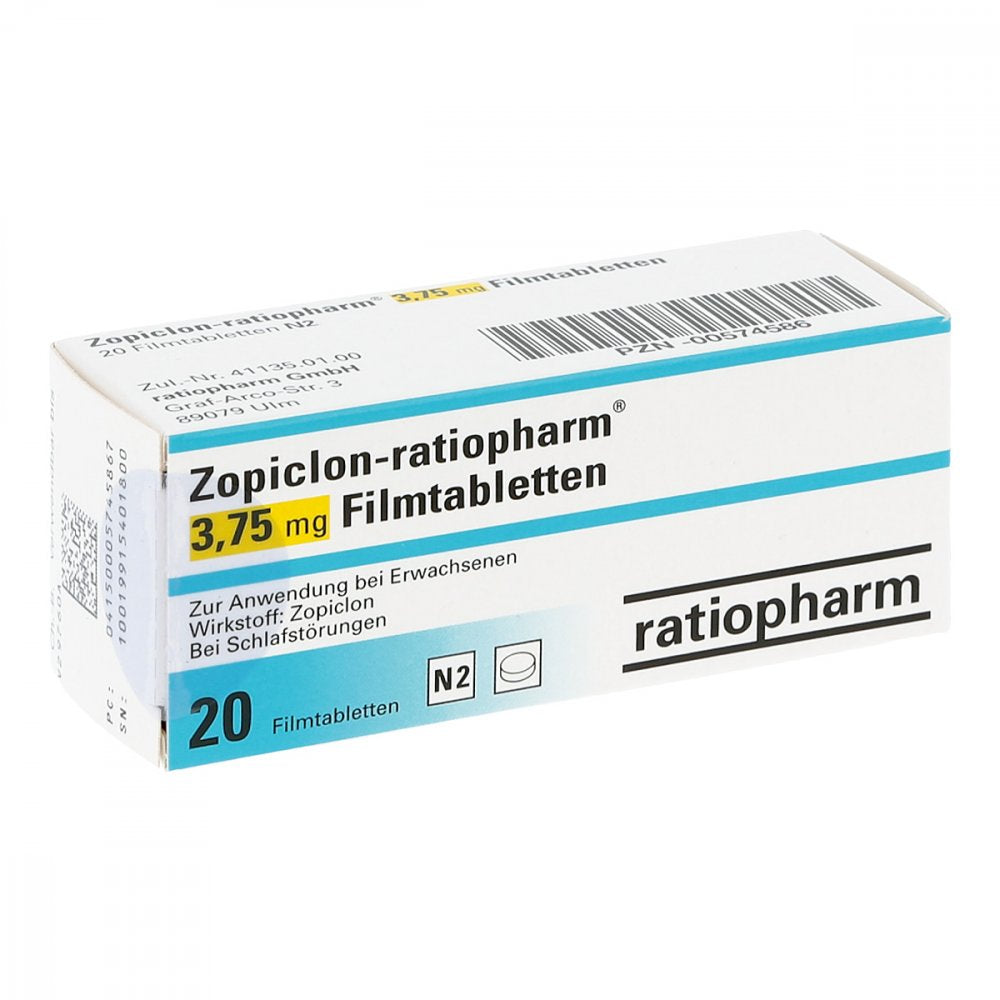 Das Produktfoto zeigt Zopiclon-Ratiopharm 3,75 Mg Filmtabletten (20 stk) PZN 00574586
