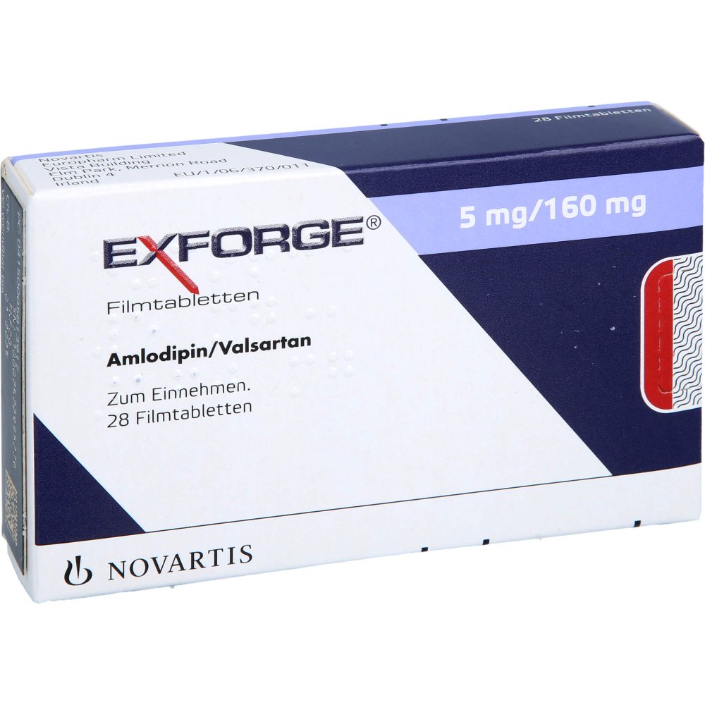 Das Produktfoto zeigt Exforge 5 Mg/160 Mg Filmtabletten (28 stk) PZN 00581391