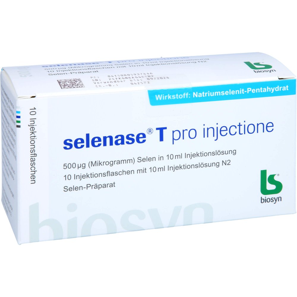 Das Produktfoto zeigt Selenase T Pro Injectione (10X10 ml) PZN 00593744