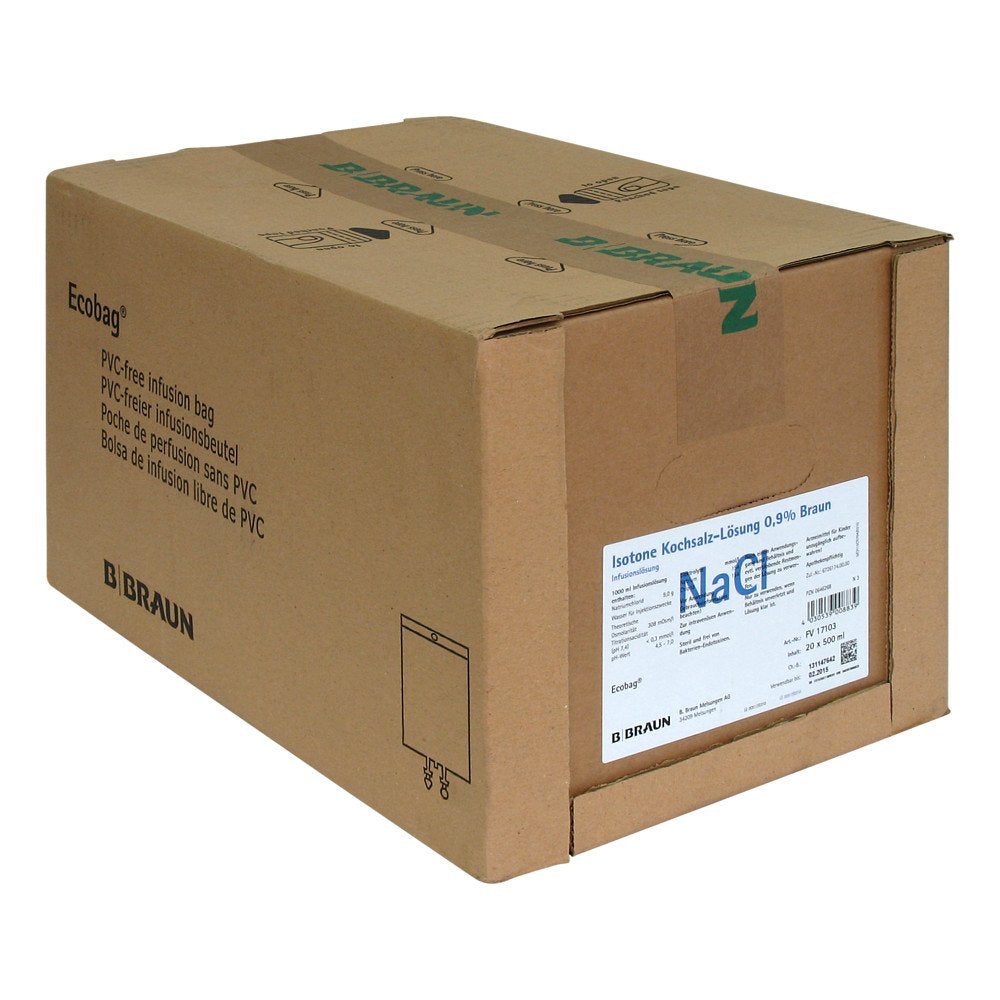 Das Produktfoto zeigt Natriumchlorid 0,9% Braun Ecobag Infusionslsg. (20X500 ml) PZN 00646268