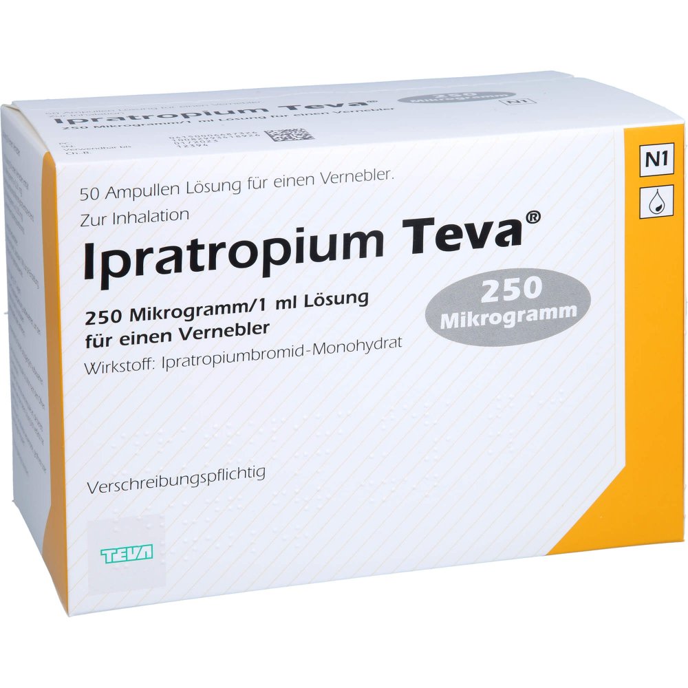 Das Produktfoto zeigt Ipratropium Teva 250 Μg/1 Ml Lsg.F.E.Vernebl. (50X1 ml) PZN 00668732