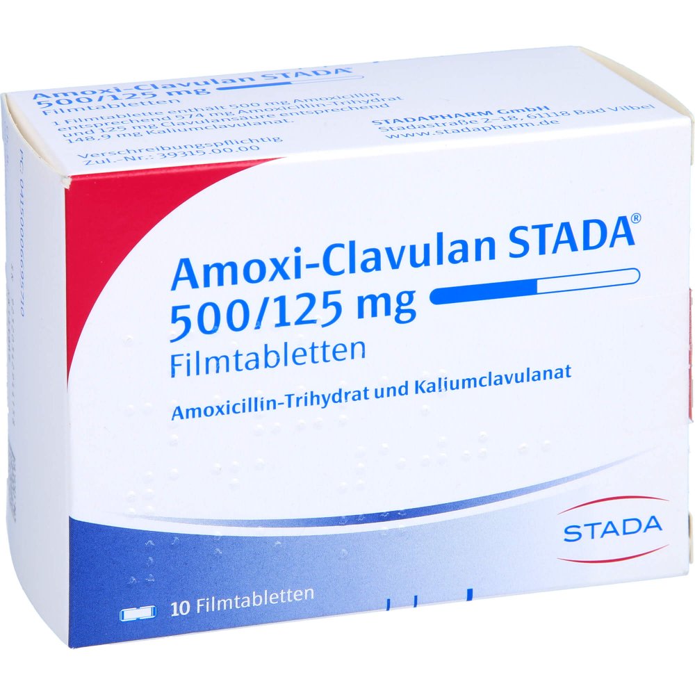 Das Produktfoto zeigt Amoxi-Clavulan Stada 500/125 Mg Filmtabletten (10 stk) PZN 00669571