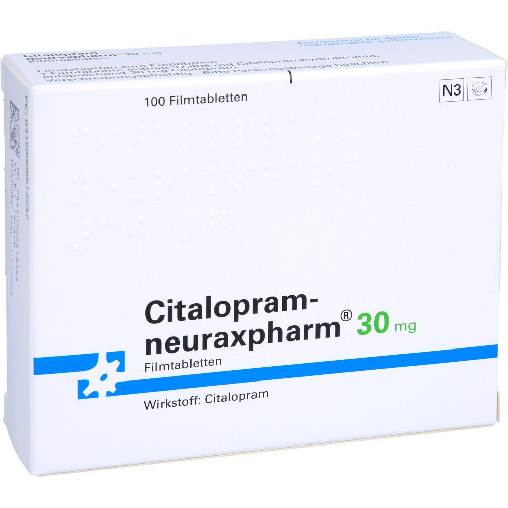 Das Produktfoto zeigt Citalopram-Neuraxpharm 30 Mg Filmtabletten (100 stk) PZN 00681224