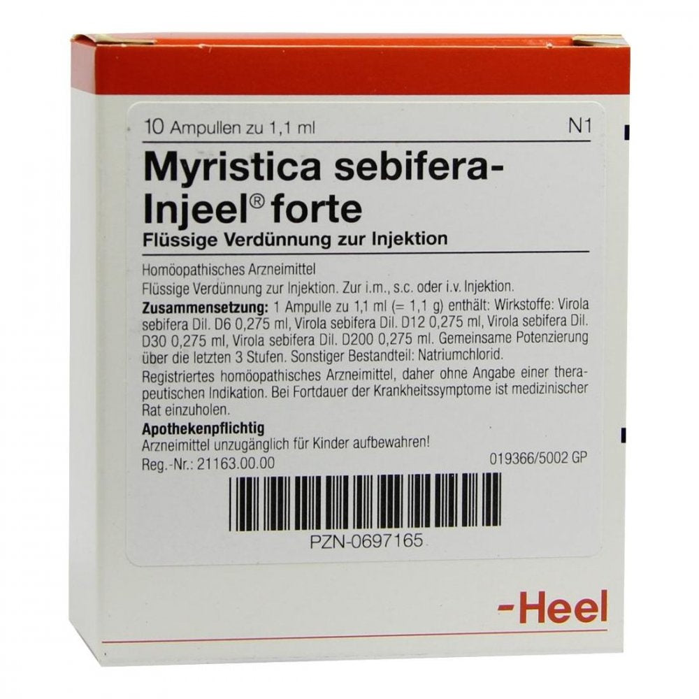 Das Produktfoto zeigt Myristica Sebifera Injeel Forte Ampullen (10 stk) PZN 00697165