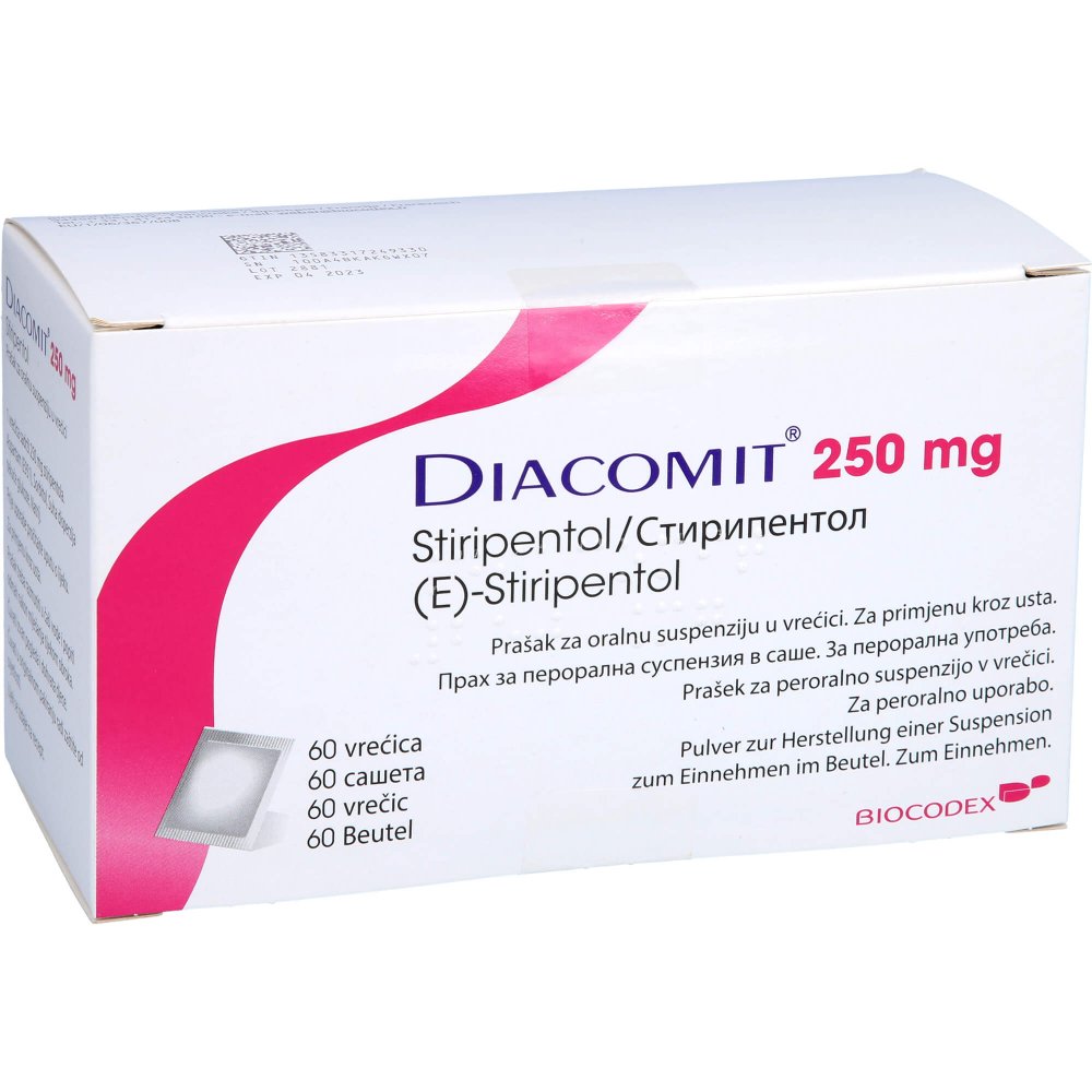 Das Produktfoto zeigt Diacomit 250 Mg Pulver Z.Herstell.E.Susp.Z.Einn. (60 stk) PZN 00724933
