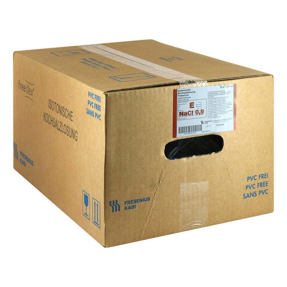Das Produktfoto zeigt Isotonische Kochsalzlösung Fresenius Freeflex (10X1000 ml) PZN 00731235