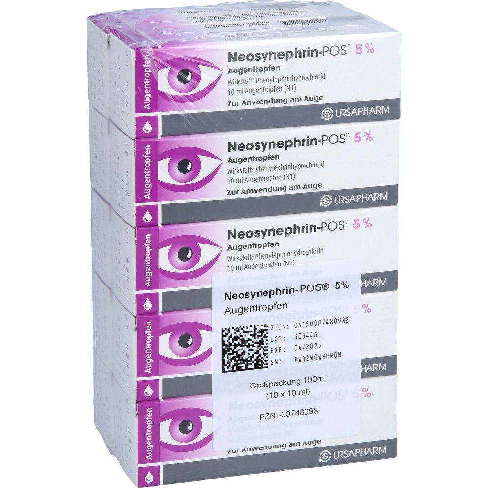 Das Produktfoto zeigt Neosynephrin Pos 5% Augentropfen (10X10 ml) PZN 00748098