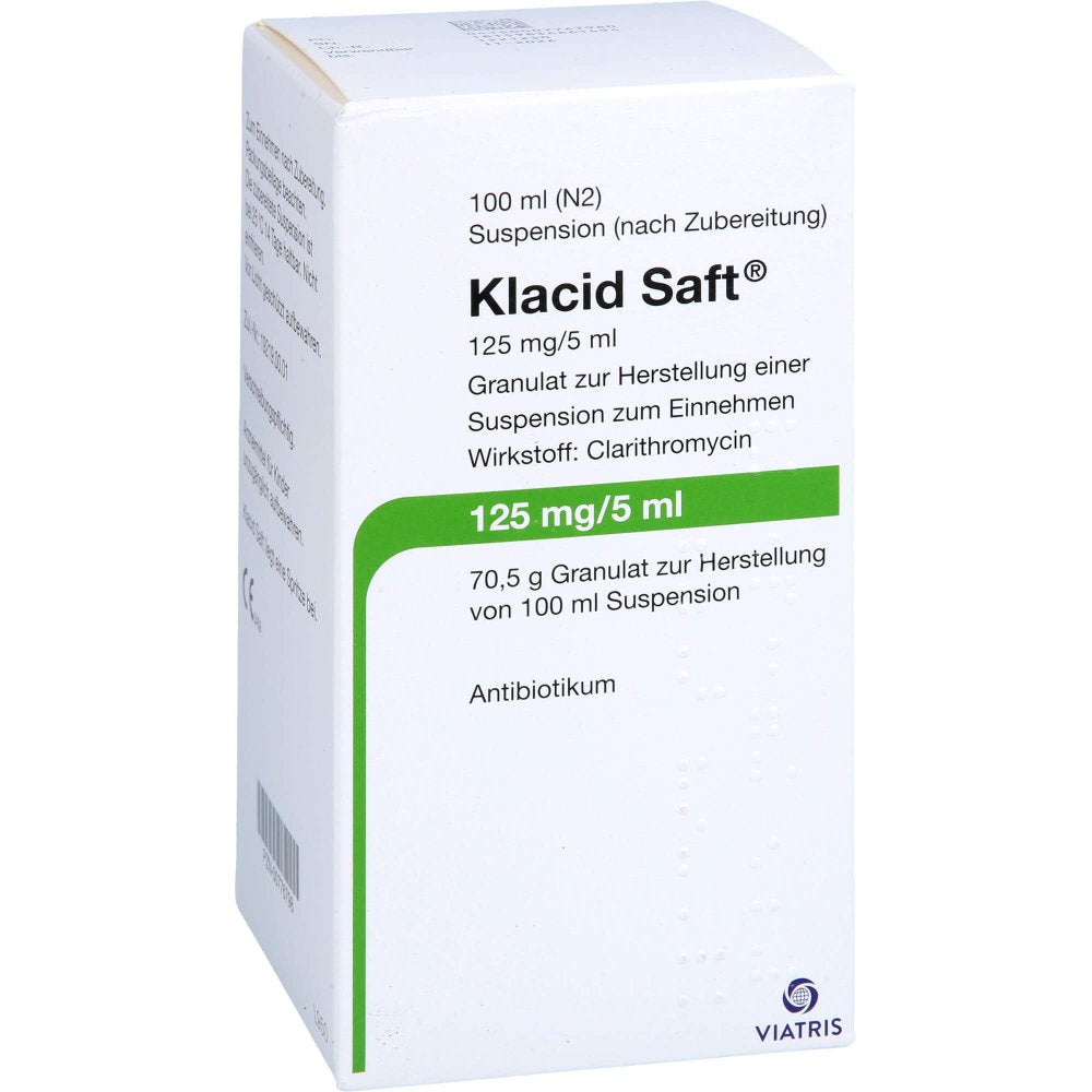 Das Produktfoto zeigt Klacid Saft 125 Mg/5 Ml Bis 20 Kg (100 ml) PZN 00776798