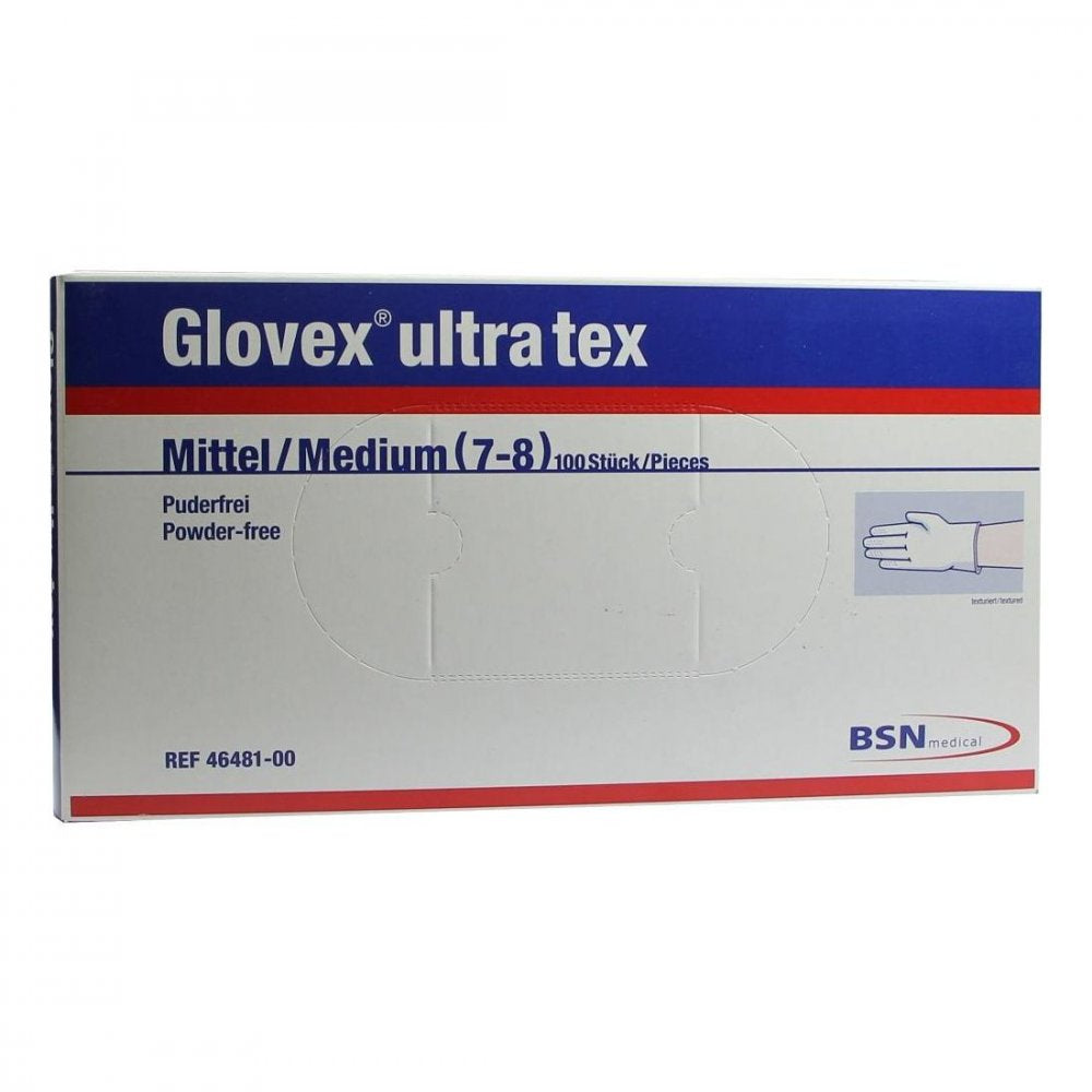Das Produktfoto zeigt Glovex Ultra Tex Handsch.Puderfr.Mittel (100 stk) PZN 00808529