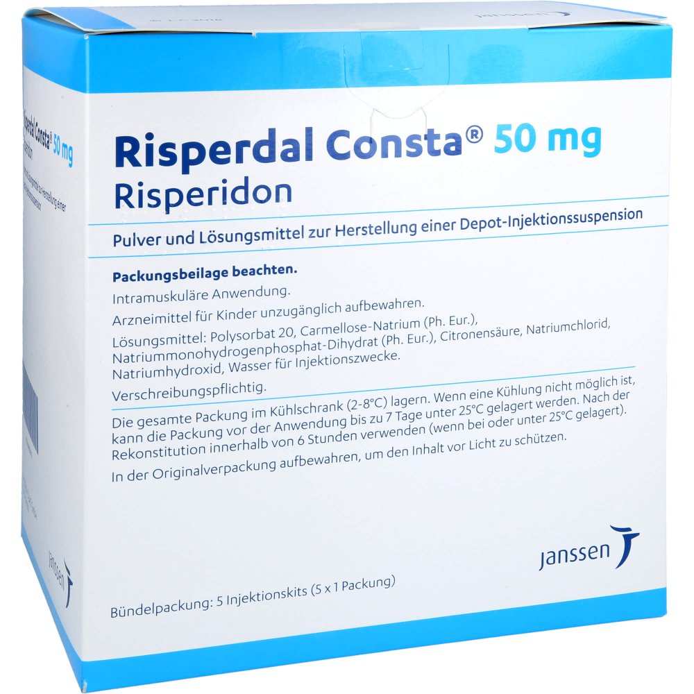 Das Produktfoto zeigt Risperdal Consta 50 Mg Plv.U.Lm H.Depot-Inj.-Susp. (5 stk) PZN 00822819